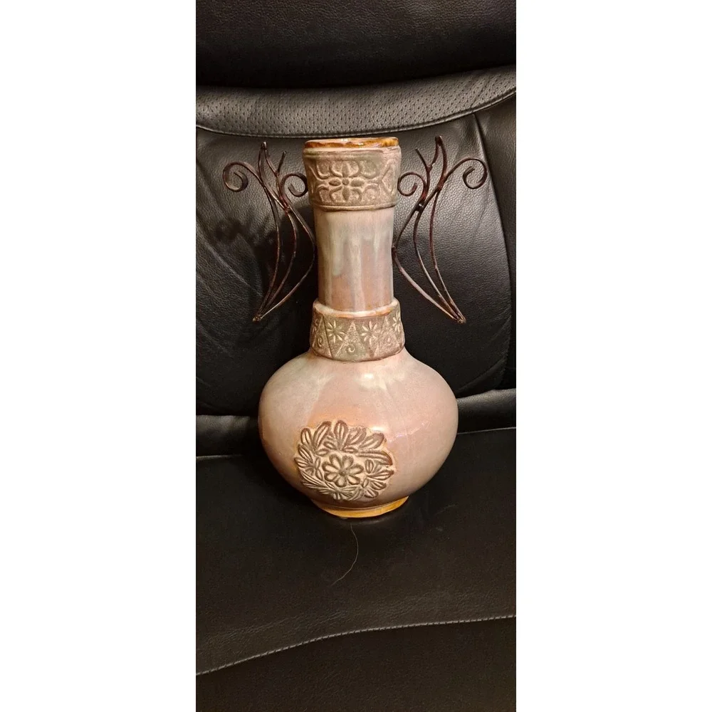 Beautiful Ceramic Vase‎ With Metal Side Handles 13.25
